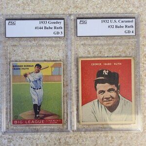 2X Graded Babe Ruth custom cards 1932 #32 US Caramel + 1933 #144 Goudey custom B